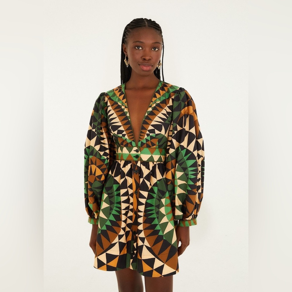 Farm Rio Green Heart Deco Puff Sleeve Mini Dress